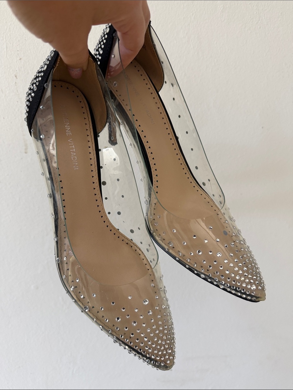 Adrienne Vittadini Black and Clear Rhinestone Pointed-Toe Heels